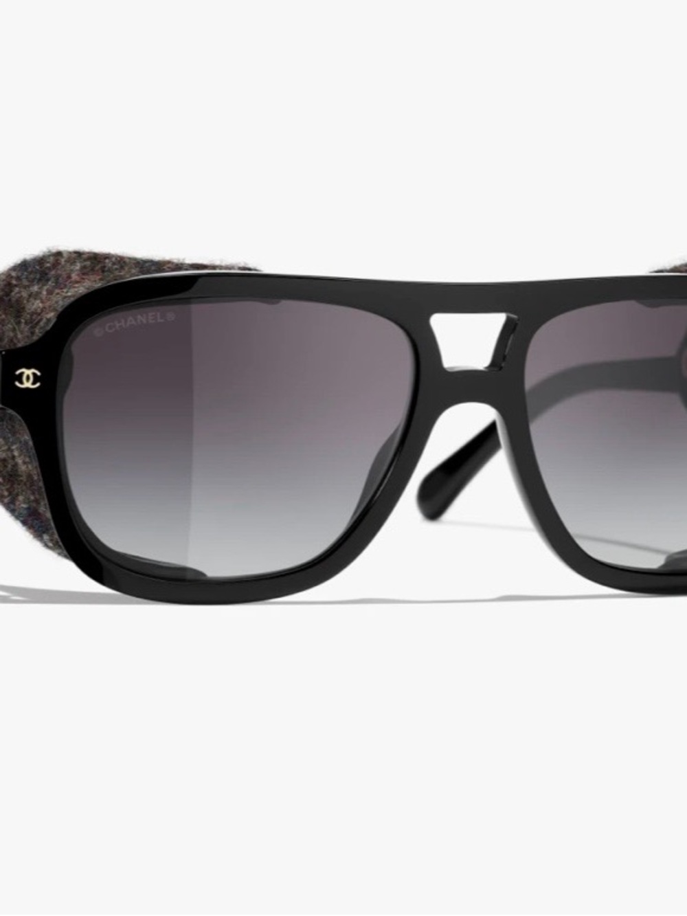 CHANEL Black Sunglasses with Gray Gradient Lenses and Tweed Temples
